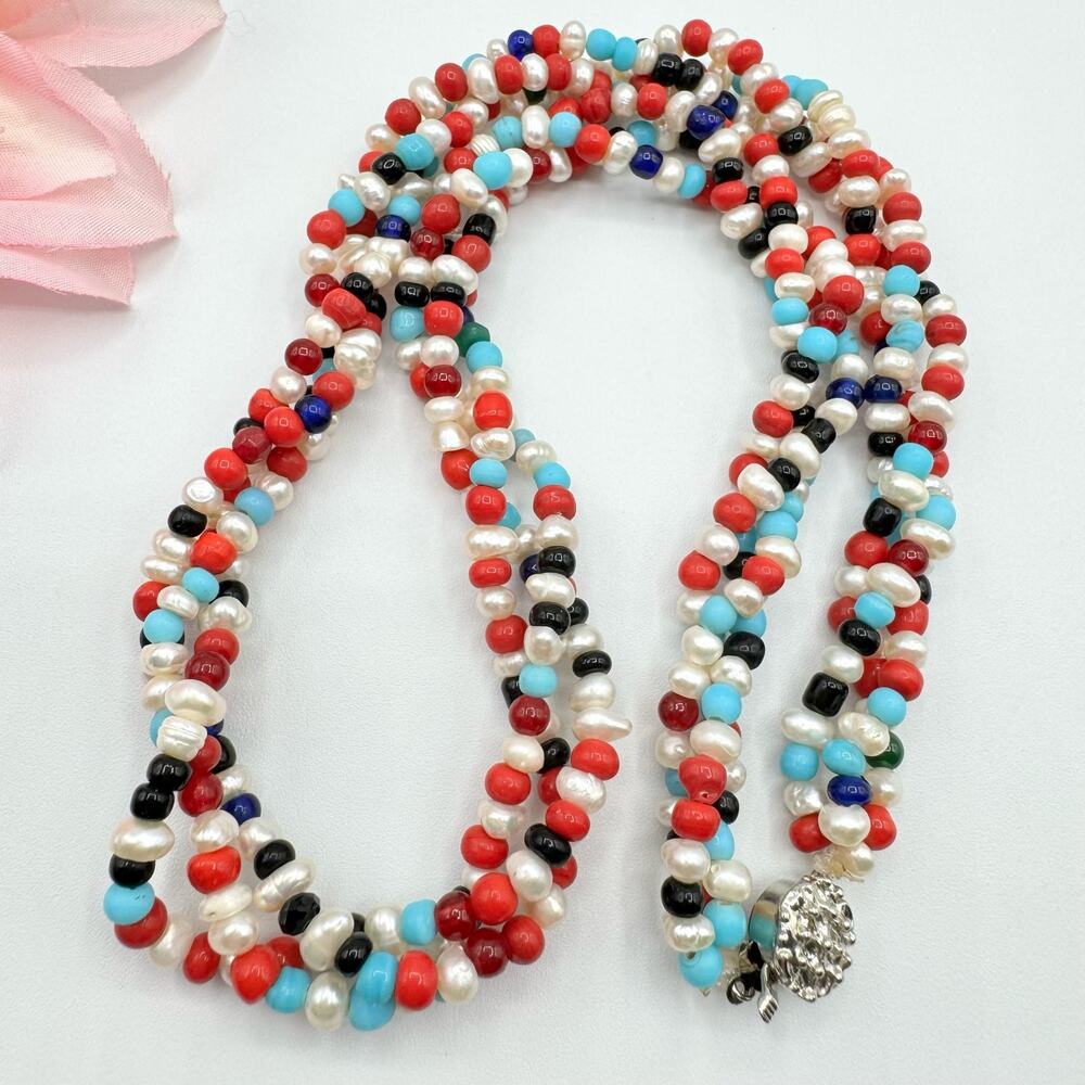 Artisan Pearl Glass Bead Triple Strand Twisted Necklace Box Clasp Red White Blue